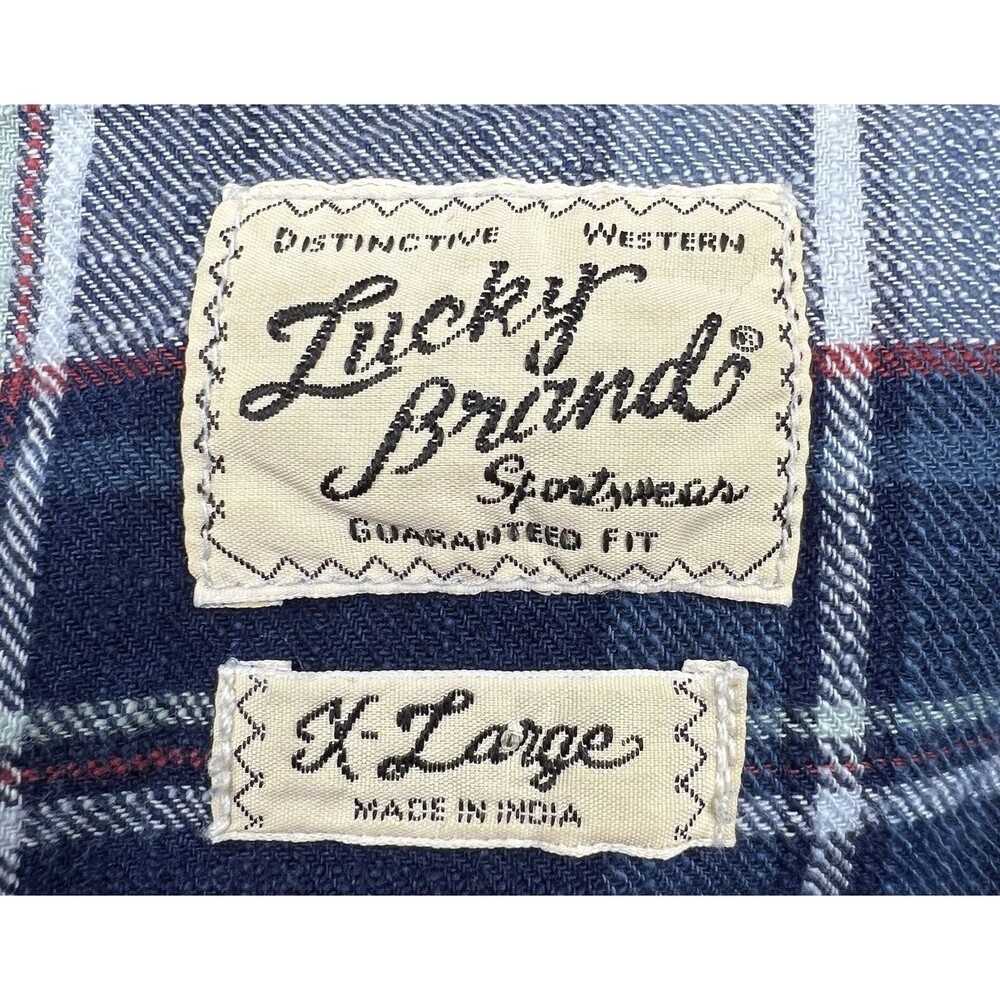 Lucky Brand Mens L Flannel Shirt Blue Plaid Button-Up Western Rustic Cabincore - Picture 12 of 15